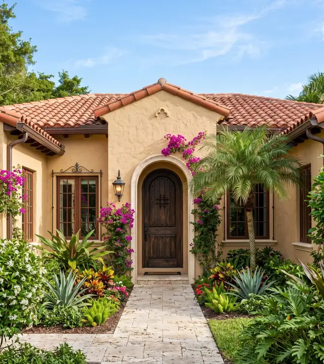 Front of a Spanish-style Florida home with sand-colored stucco, red barrel tile roof and arched wooden door