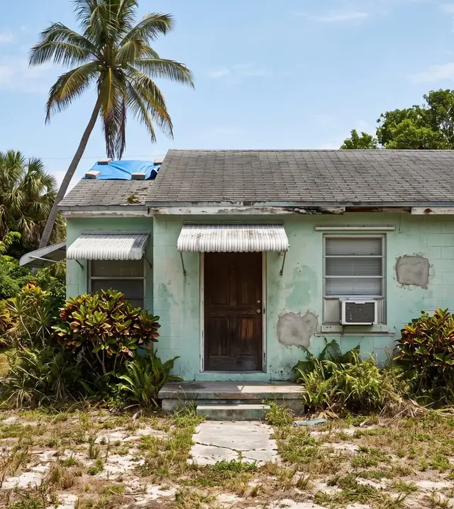 Older mint-green Florida block house with a blue tarp on the roof and a window air conditioner