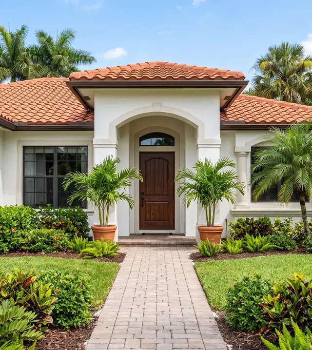 Arched front entry of a white stucco Florida home with a wooden door and potted palms