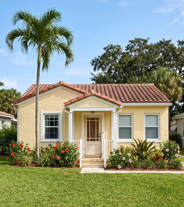 Front of a pale yellow Florida bungalow with a tile roof, small front porch and a palm tree